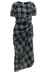 Maje Side-Ruched Plaid Tartan Blue and Navy Long Dress Ruffle UK size 10