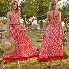 Red Bohemian Print Halter Maxi Dress Elastic Waist Sleeveless Cotton XS-XL