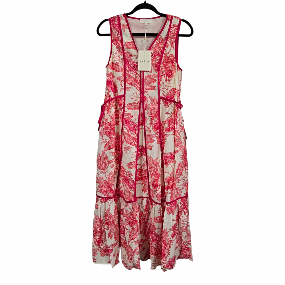 Entro Pink White Floral Midi Dress S Sleeveless V-Neck Tie Waist Lined New