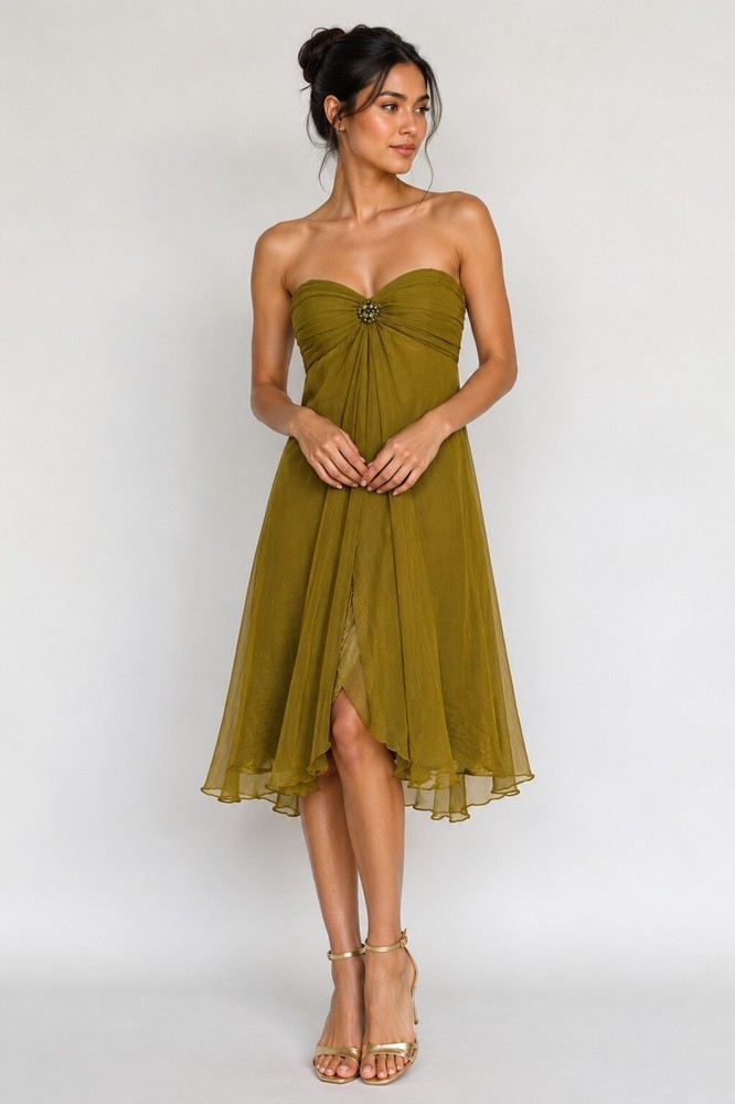 Laundry by Shelli Segal 100% Silk Strapless Olive Green Jeweled Cocktail Dress