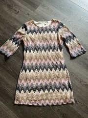 Tacera Pink & Brown Chevron Zigzag Bell Sleeve Shift Dress – Size Small