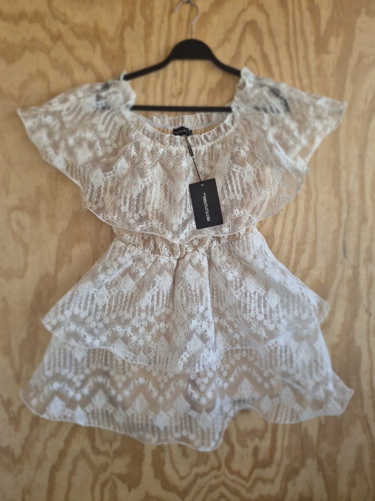 PRETTYLITTLETHING White Lace Off Shoulder Ruffle Dress Embroidered USA 12