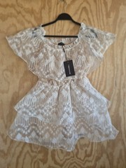 PRETTYLITTLETHING White Lace Off Shoulder Ruffle Dress Embroidered USA 12