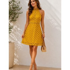 Blu Pepper Mustard Lace Halter Mini Dress Size Medium Leaf Cutwork A-Line Y2K