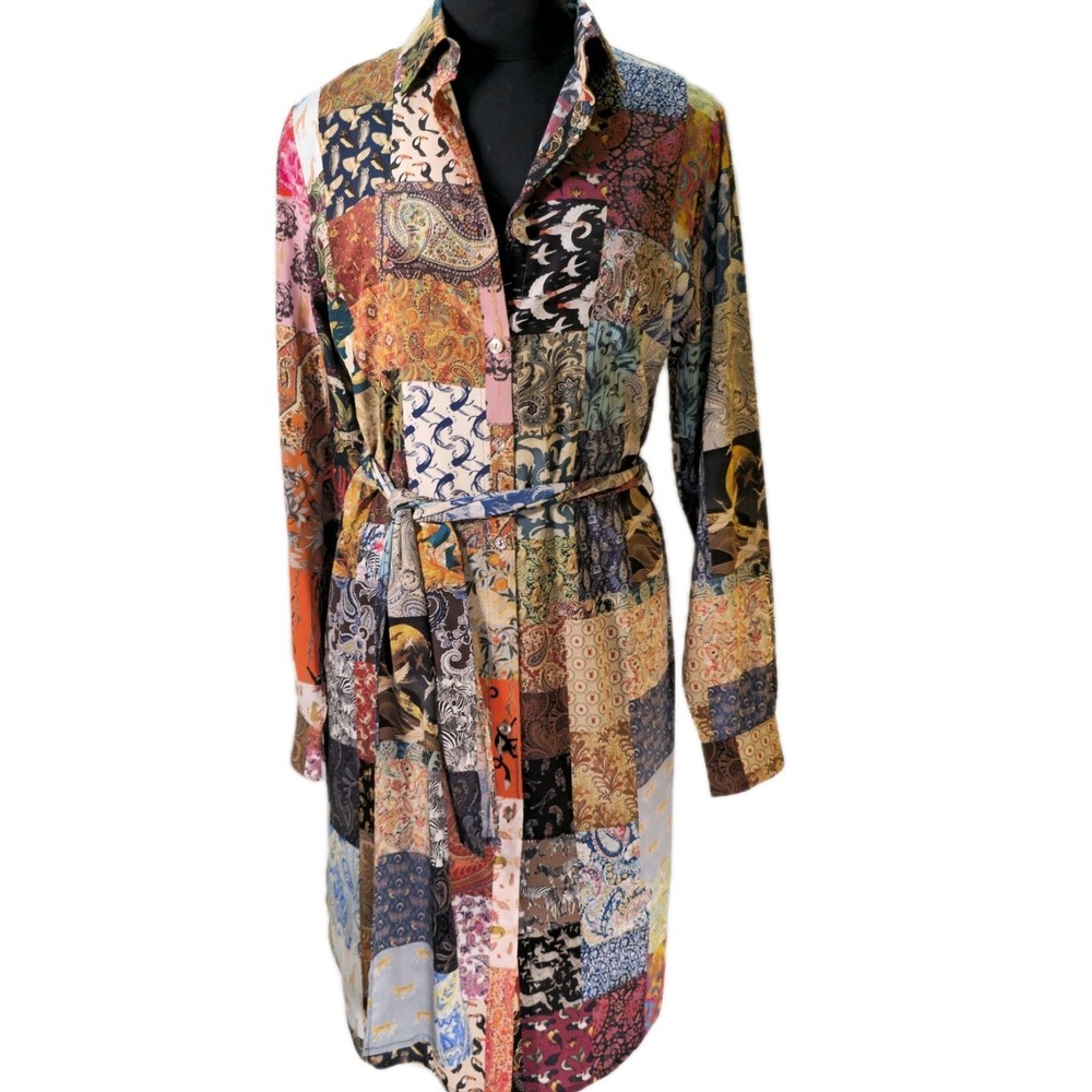 Unbreak.it Patchwork Silk Button Up Shirt Dress Small Tied Wild Animal Print