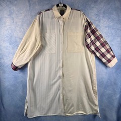 Hobak Womens Patchwork Plaid Pinstripe Oversized Button Front Shirt Dress Cream