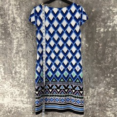 Jessica Howard Sz S Geometric Shift Mini Dress Blue cap Sleeve Pullover Stretch