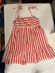 SHEIN Women’s Red White Striped Square Neck Tie Strap Ruffle Hem Sundress S