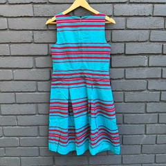 Talbots Petites 10P Striped Fit Flare A Line Dress Turquoise Blue Red Sleeveless