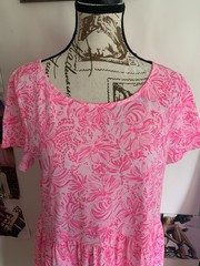 Lilly Pulitzer Pink/White Floral Tiered Scoop Neck Midi Dress Cotton L