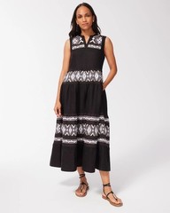 NWT CHICO&rsquo;S LINEN TIERED EMBROIDED MAXI DRESS BLACK Sz 0.5 US 6 $179.00