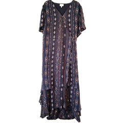 Haute Hippie Maxi Dress Plus Size 2X Tiered Layered Lightweight Blue Aztec Boho