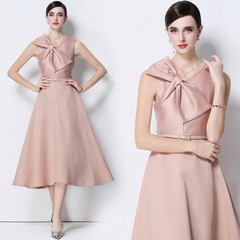 Vintage Solid Bow Belt V Neck Sleeveless Women Casual Party Long Evening Dresses