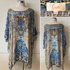 CAMILLA Blue/Yellow Medusa Print, Beads,Crystals Kaftan Dress ONE SIZE