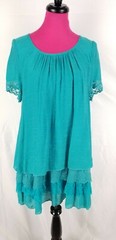 NWT Lady Noiz Tunic Dress Womens Size S Aqua Blue Tiered Ruffle Hem Lace Cuff