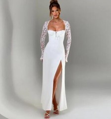 2024 new designer luxury fashion woman wedding white dress long mesh sleeve hot