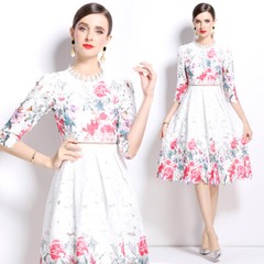 Floral Embroideried Ruffled O Neck Hollow Out Women Casual Party Midi Lace Dress