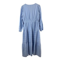 MEROKEETY Womens L Light Blue Cotton Tiered Midi Dress Split V-Neck Pockets