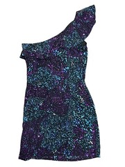 Charlie Jade Women&rsquo;s Size XS One Shoulder Dress Silk Ruffle Black Purple Teal