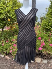 London Times Black Striped Mesh Overlay Nude Trumpet Mermaid Dress Size 8