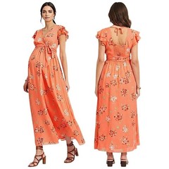 Seraphine Luxe Wrap Dress sz 6 Maternity Coral Floral Flutter Sleeve Maxi NEW