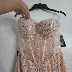 Bebe Strapless Beaded Sequin Mermaid Gown Blush Pink US 8 NWT Prom