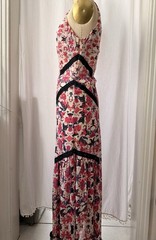 Sam & Lavi 100% Silk Floral Maxi Dress Ivory Red Black Lace Trim Size M