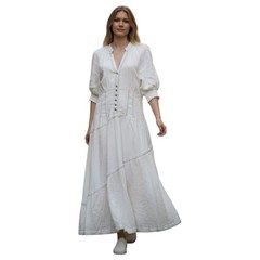 Anthropologie Dress S Womens White Long Maxi Elbow Sleeve V-Neck Linen Casual