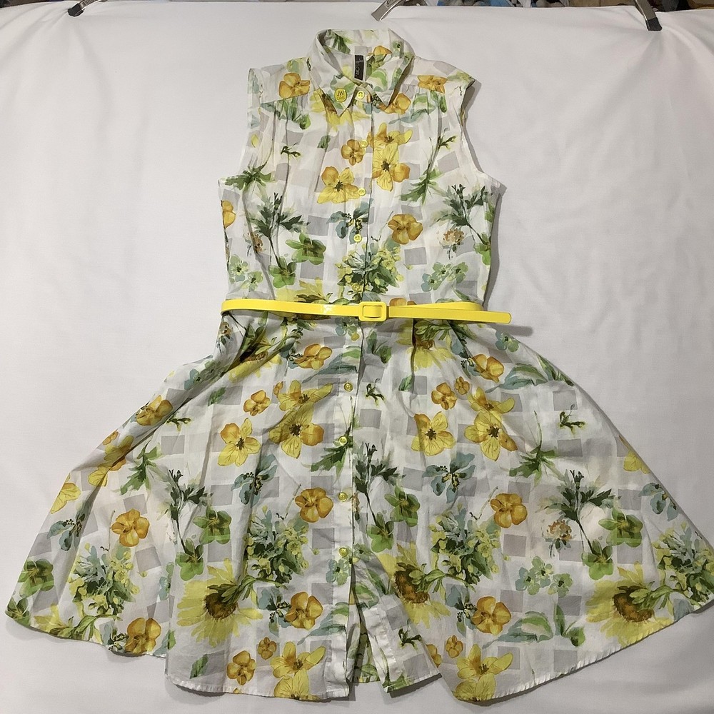 Julian Taylor Dress Womens Medium Yellow Floral Sleeveless Button Front Belt
