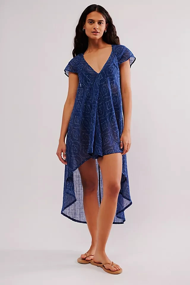 Free People Leila Tunic Fp One V Neck Printed Hi-Low Sheer Gathered Top S NWD