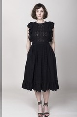 Ulla Johnson Bea Black Midi Dress Embroidered Ruffles Sleeve Sz 8 NWT