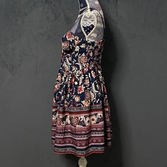 Band of Gypsies Corset Dress Womens L Blue Floral Smocked Sweetheart Fit Flare