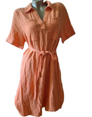 Nutmeg 100% Cotton Crinkle Midi Dress Terracotta Pink Pockets Belted Size 12