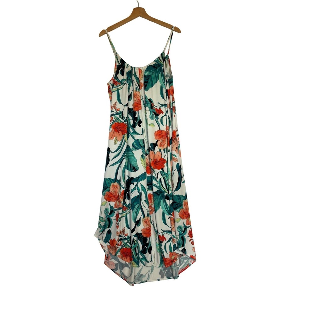 Lilac + London Tropical Floral Maxi Dress XL White Orange Green High Low Pockets