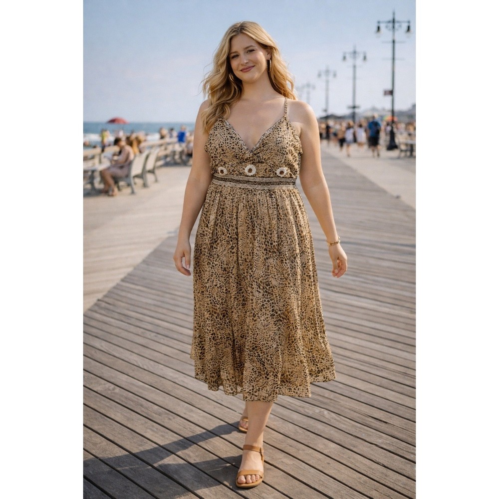 Boho Leopard Smocked Beads Chiffon Summer Ruffles Chiffon Flowy 1X Midi Dress