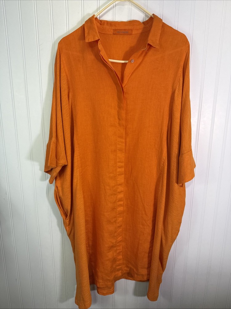 Cut Loose Orange Linen Oversized Button Front Shirt Dress Lagenlook Pockets O/S
