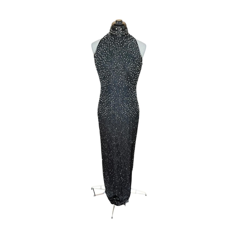 Adrianna Papell Boutique Silk Beaded Floral Maxi Dress Black Slit Size 6 Luxury