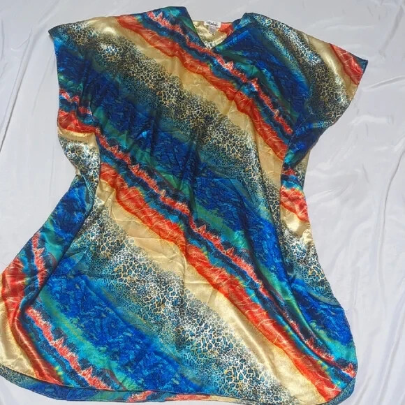 Winlar Bold Rainbow Leopard & Snake Print Satin Caftan Dress Muumuu One Size