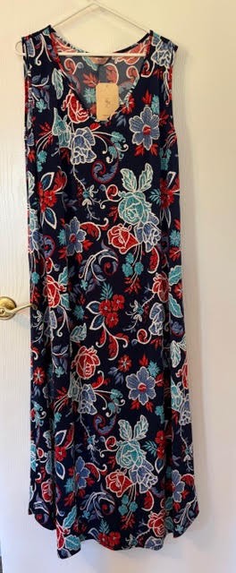 SJS Women&rsquo;s size 2XL blue/ multicolor long sleeveless pullover dress NWT