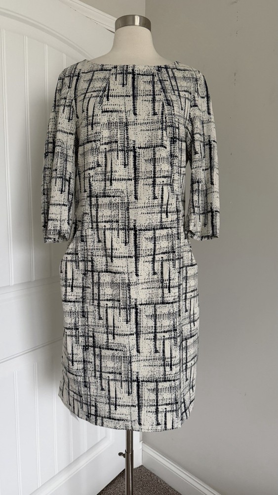 M.M. LAFLEUR ETSUKO CUBIST JACQUARD IVORY GALAXY BLUE DRESS SIZE 14