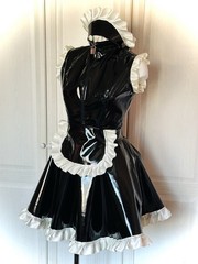 Misfitz black PVC & ivory satin padlock sissy maids dress. SIZE 28. CD TV Goth