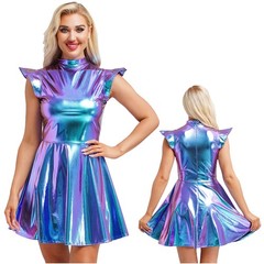 US Womens Alien Cosplay Metallic Shiny Dress A-line Theme Party Wear with Gloves