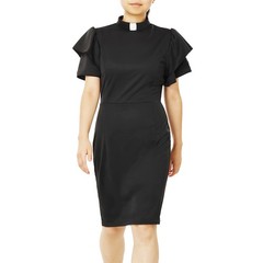 Women Clergy Dress Layered Ruffle Butterfly Sleeve Dress with insert Tab Collar