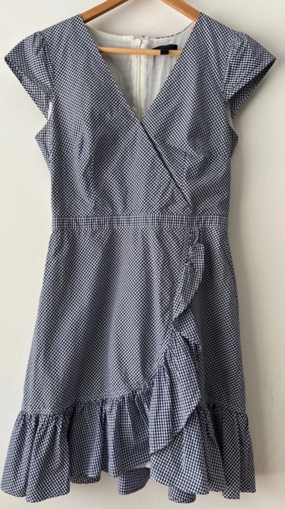J.Crew Navy & White Gingham Check Ruffle Dress Size 2 (UK 6) Capped Sleeves