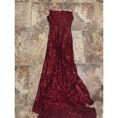 B. Darlin Sequin Formal Gown Womens 13/14 Burgundy Open Back Maxi Dress