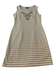 SHARAGANO Women&rsquo;s Size 8 Tan Striped Dress with Beaded Embellishment