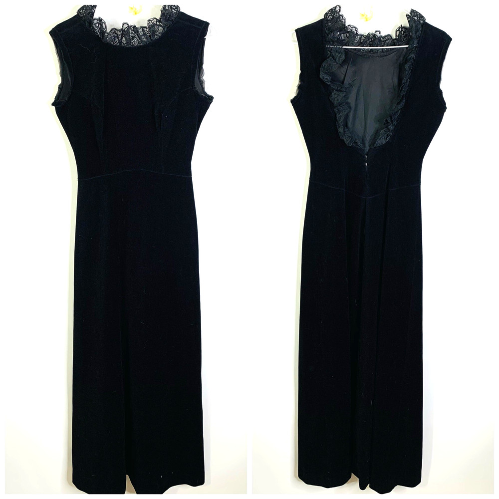 Vintage 70s Old Money Black Tie Velour Velvet Open Back Lace Gown Dress USA 10