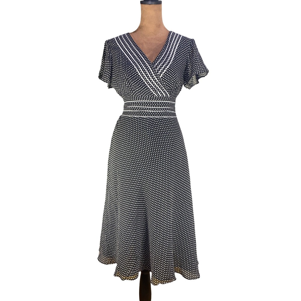Papell Petites 100% Silk Polka Dot Midi Dress 6P Y2K Retro Classic timeless