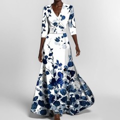Womens High-End Dress Fashionable&Elegant V-neck Printed Tie-Fitting Skirt Dress