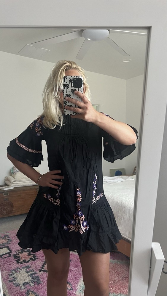 Black Floral Embroidered Ruffle Hem Shift Mini Dress Round Neck Bell Sleeve